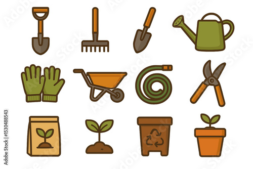 Garden tools and supplies: shovel, rake, watering can, gloves, wheelbarrow, hose, pruners