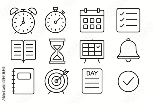 Minimalist time and scheduling icons for organization and planning