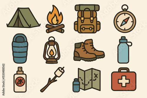 Essential camping gear icons: tent, fire, backpack, compass, sleeping bag, lantern, boots, water bottle, map, first aid kit