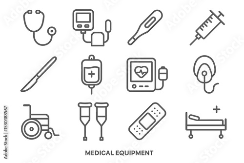 Medical equipment icons featuring stethoscope, syringe, and thermometer