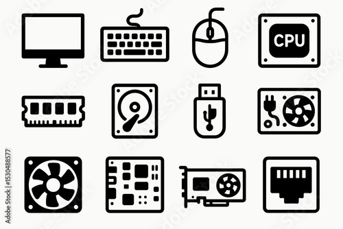 Computer hardware icons: monitor, keyboard, mouse, cpu, ram, usb, hard drive