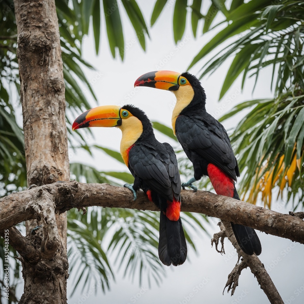 Fototapeta premium A pair of toucans on tropical branches, clear with white background
