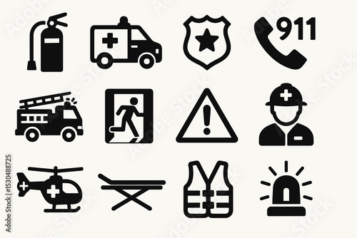 Emergency response icons set including ambulance, fire extinguisher, police badge, and 911 call
