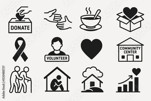 Charity symbols: donation, volunteer, community support icons set