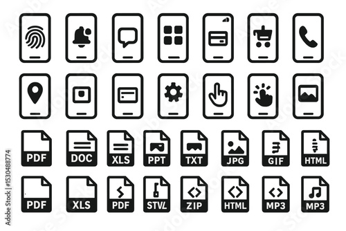 Digital icon set with file formats and application symbols on dark background