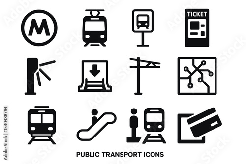 Public transport icons: subway, tram, bus, ticket, card, and more