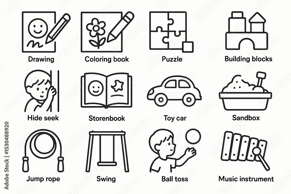 Fototapeta premium Child's playtime activities icon set: drawing, puzzle, sandbox, and more