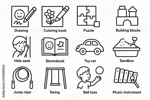 Child's playtime activities icon set: drawing, puzzle, sandbox, and more