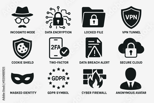 Cybersecurity icons: vpn, encryption, gdpr, anonymous avatar, secure cloud
