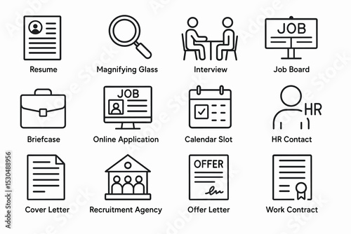 Job search icons: resume, interview, online application, hr, contract