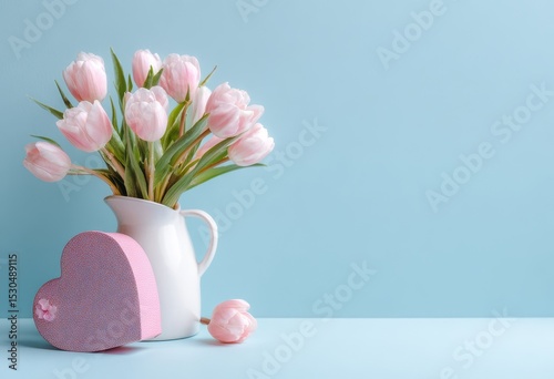 Delicate pink tulips in vase, heart-shaped gift box
