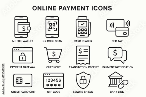Online payment icons: mobile wallet, qr code, card reader, nfc, payment gateway