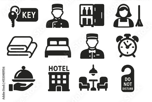 Hotel service icons: reception, housekeeping, room service, do not disturb sign
