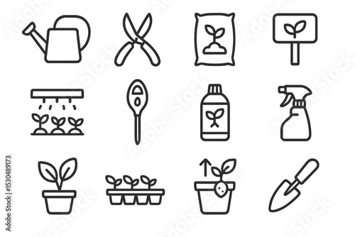 Gardening icons: tools, plants, watering, pruning, seedlings