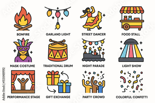 Festival icons: bonfire, garland lights, dancer, food stall, and more