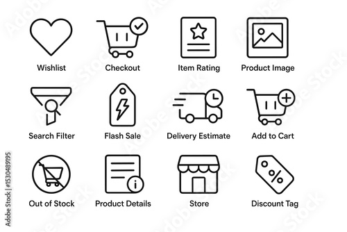 E-commerce icons set: wishlist, checkout, rating, product image, and more