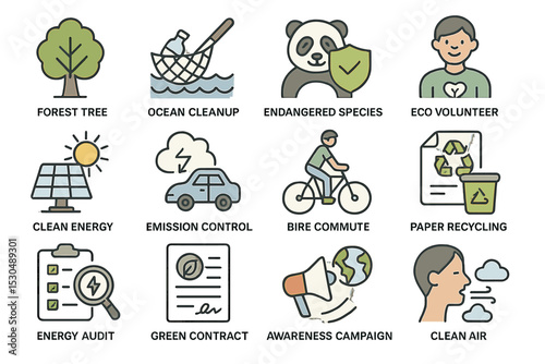 Environmental conservation icons: forest, ocean, wildlife, energy, recycling, advocacy