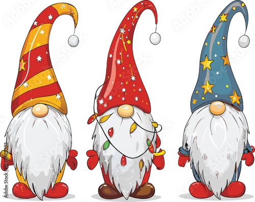 Three festive Christmas gnomes with colorful hats and long white beards