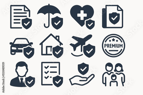 Insurance icon set featuring health, travel, and family protection symbols