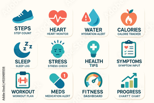 Health and fitness icons for wellness tracking and monitoring