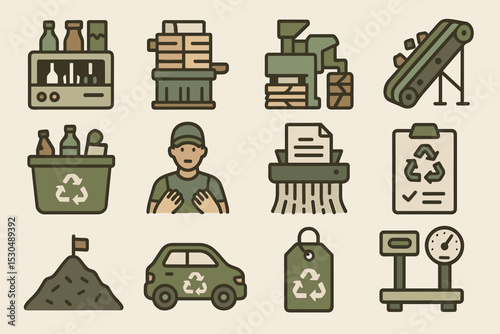 Recycling process icons: waste management and sustainability elements