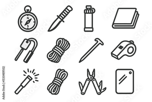 Essential camping gear icons: compass, knife, flashlight, water bottle, carabiner, rope, tent peg, whistle, multi-tool, mirror