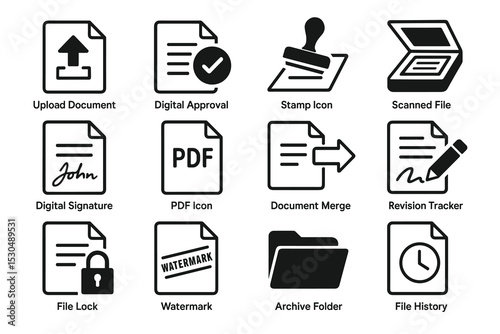 Document management icons: upload, approval, digital signature, pdf and more
