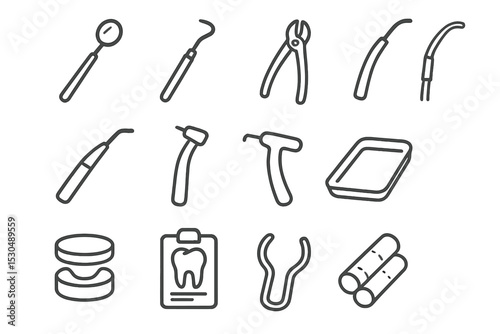 Set of dental tools including mirror, probe, and forceps on grayscale background