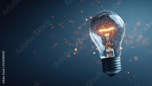 Illuminated lightbulb, sparks, dark backdrop