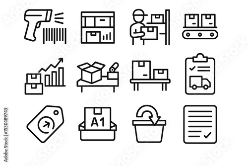 Warehouse logistics icons: scanning, packaging, inventory, shipping solutions