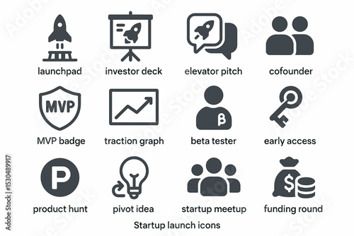 Startup icons: launchpad, investor deck, elevator pitch, cofounder, mvp, traction, beta, key