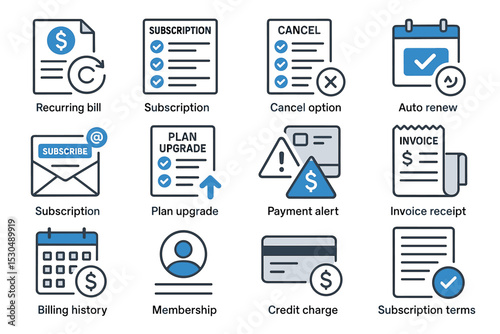 Subscription and billing icons: recurring plan, upgrade, cancel, alerts
