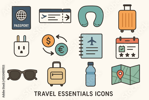 Travel essentials icons: passport, tickets, luggage, neck pillow, currency, map