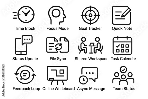 Productivity tools icons set: time management, collaboration, communication, organization