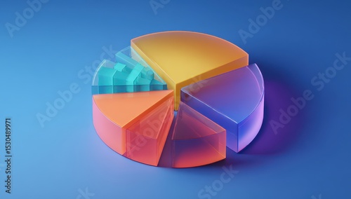 Abstract pie chart, vibrant colors, 3D graphic, transparent slices