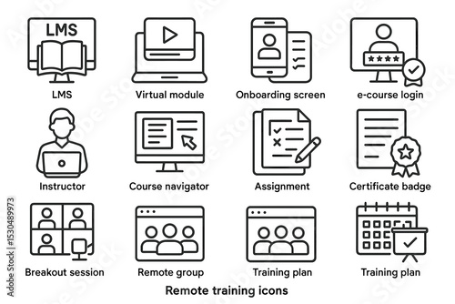Remote training icons: lms, virtual modules, onboarding, assignments, certificates