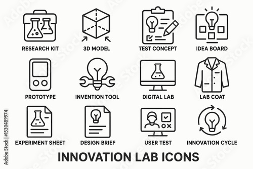 Innovation lab icons: research, 3d model, test concept, idea board, prototype, invention tool