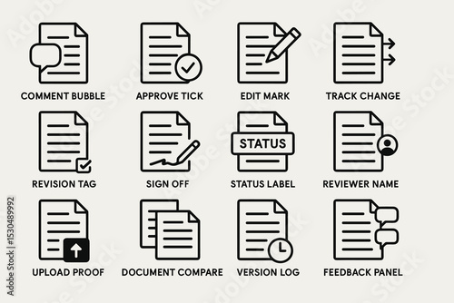 Document management icons: edit, approve, track, review, compare