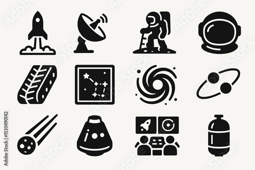 Space exploration icons: rocket, satellite, astronaut, helmet, meteors, constellation, capsule