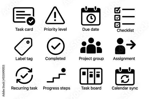 Task management icons: checklist, due date, priorities, project group, task board