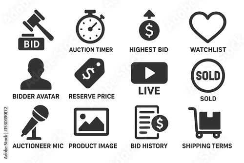 Online auction icons: bid, timer, reserve price, live, sold, shipping