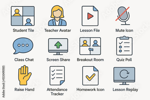 Online classroom icons: tools for virtual learning and communication