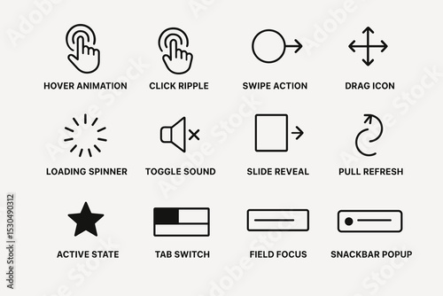 User interface interaction icons: hover, swipe, toggle, slide, pull, focus