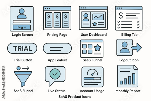 Saas product interface elements: login, pricing, dashboard, billing, trial, app, funnel, report