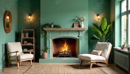 A cozy living room featuring a fireplace with a hearth painted a calming shade of green, surrounded by rustic wooden furniture and warm lighting ,  cozy,  warmth