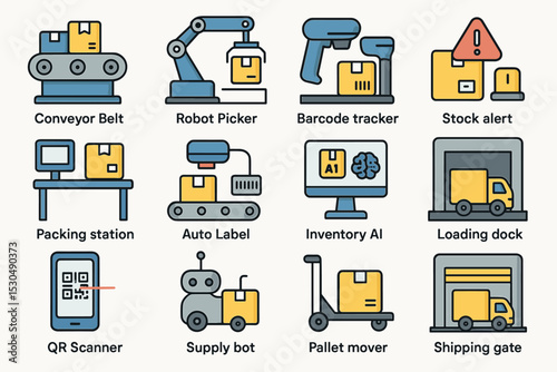 Warehouse automation icons: conveyor, robot, barcode, ai, shipping