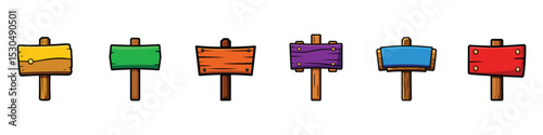 3D Wooden Signboard Icon Set Featuring Realistic Wood Sign Posts, Blank Directional Arrows with Wood Texture, Rustic Plywood Road Pointers, Navigation Signs