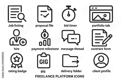 Freelance platform icons: job listing, proposal file, bid timer, payment milestone