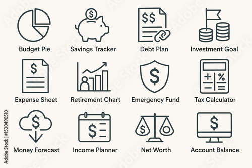 Financial planning icons: budget, savings, debt, investment, taxes