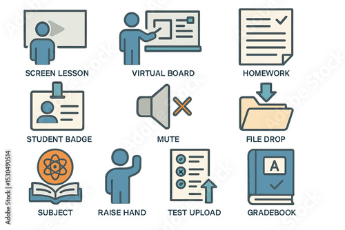 Educational icons: virtual classroom, homework, gradebook, and more